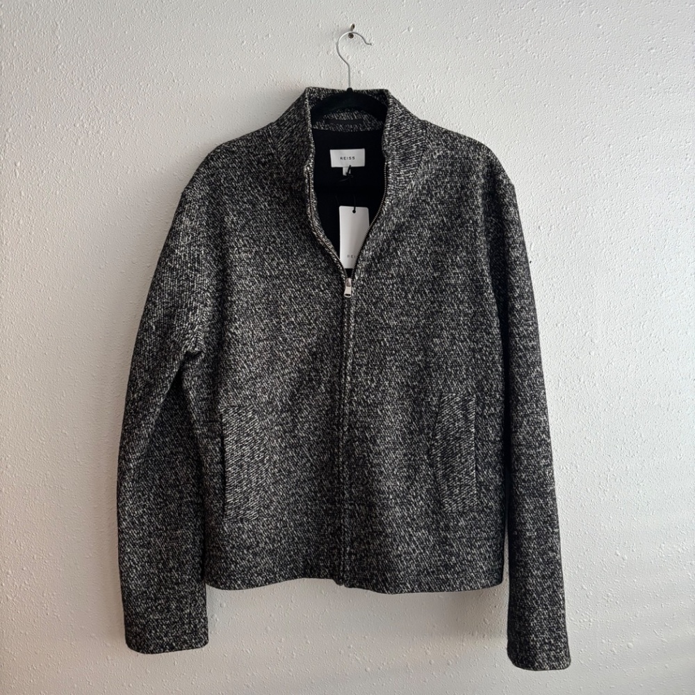 NWT Reiss Men's Black/White Woven Wool Blend Zipper Stand Collar Jacket Coat